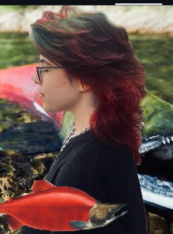 Reddish wolf cut, dark red and layered with a long fringe